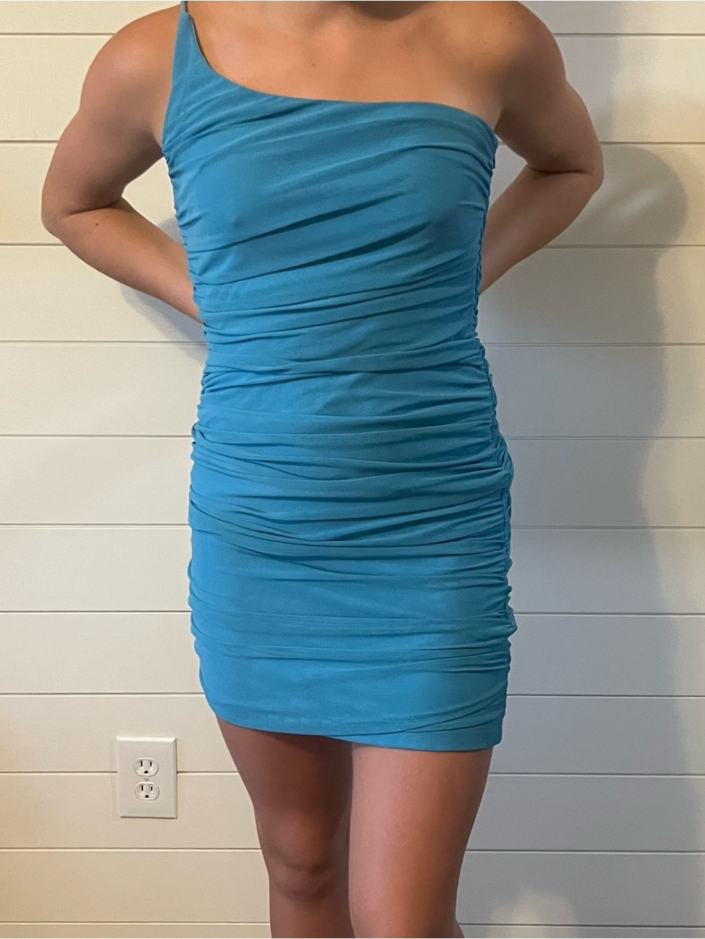 Princess Polly One-Shoulder Ruched Mini Dress in Teal Blue